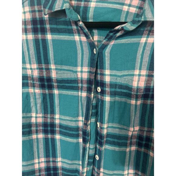 Woolrich Shirt Women XL Long Sleeve Button Up Plaid Flannel Blue Teal Pockets - Picture 3 of 4